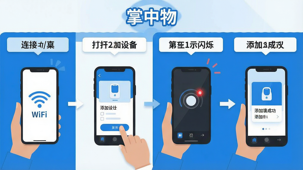 一张展示“掌中物”App设备添加流程的步骤示意图,画面分为四个步骤,第一步手机连接WiFi,第二步打开App点击添加设备,第三步设备指示灯闪烁,第四步添加成功显示设备卡片,风格为扁平化教程插画,蓝白配色,文字标注清晰,画质干净,无多余元素