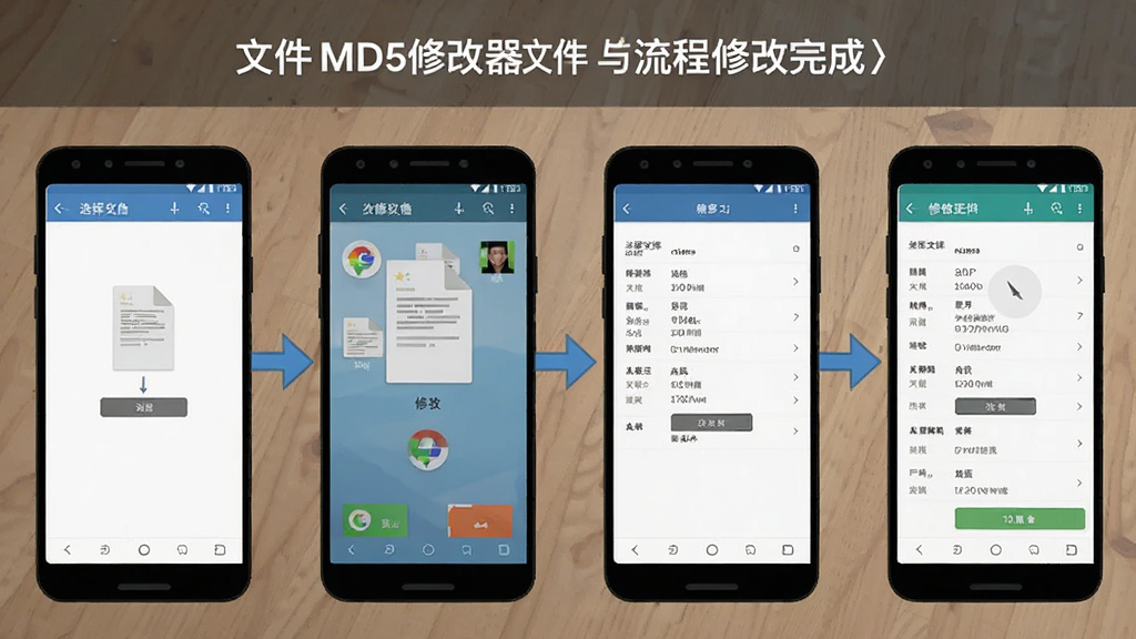 һ��չʾ�ļ�MD5�޸������ֻ��ϲ������̵Ĳ���ͼ�������Ϊ�ĸ����裬��ѡ���ļ����޸���ɣ�ÿһ�����ж�Ӧ���ֻ������ͼ�������Ǻ������е�����ͼ������Ǳ�ƽ���̷̳磬ϸ���ϼ�ͷ�������������ʸɾ����޶���Ԫ��