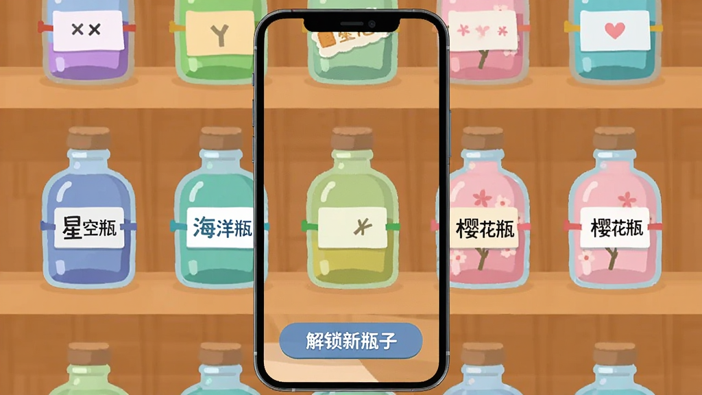 手机屏幕里显示着五颜六色的玻璃瓶排列在架子上,每个瓶子贴着不同标签,有