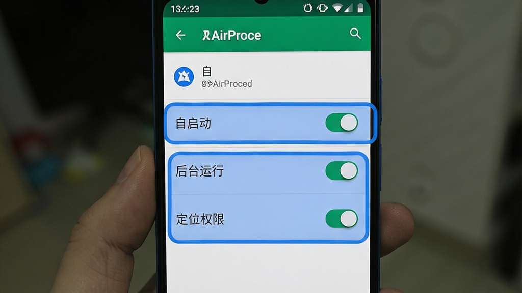 MyAirProce �ֻ�Ȩ����������ͼ���ֻ���Ļ��ʾӦ��Ȩ�޹���ҳ�棬������ע����������������̨���С�������λȨ�ޡ��������ش��ڿ���״̬������Ϊ��׿ԭ�����÷����ɫ������ʾ�򣬻��������ɾ��޶���Ԫ��