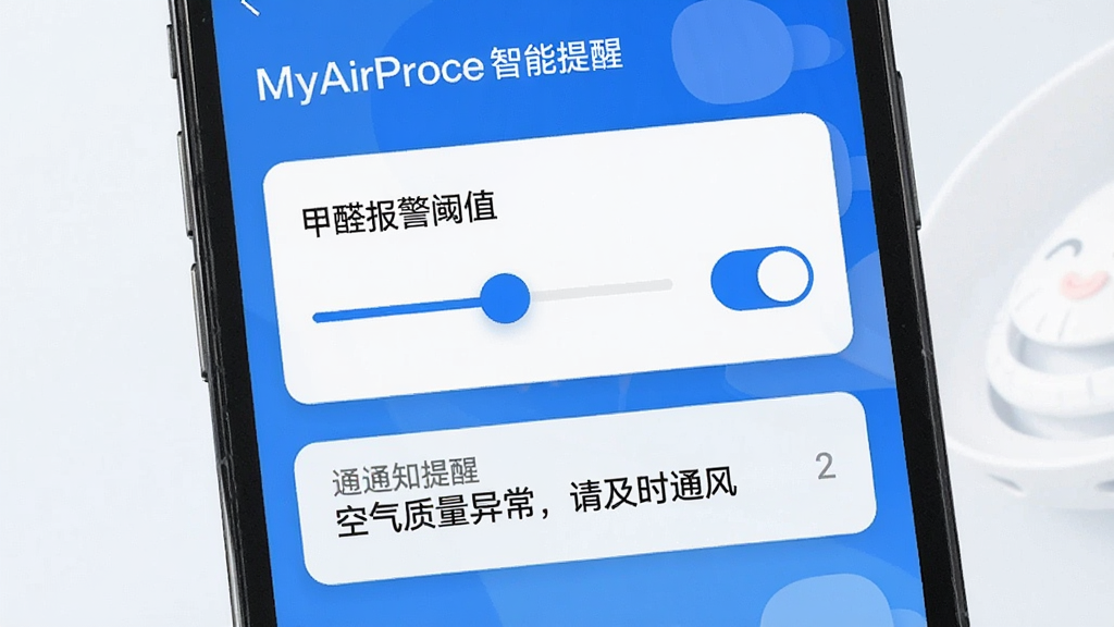 MyAirProce �����������ý��棬�ֻ���Ļ��ʾ���ò˵�����������ȩ������ֵ��������������Ա��п��ذ�ť���·���ʾ֪ͨ����ʾ�������������쳣���뼰ʱͨ�硱��������ÿ�Ƭʽ���֣���ɫ��ɫ��������ִ���Լ�����������ɾ�