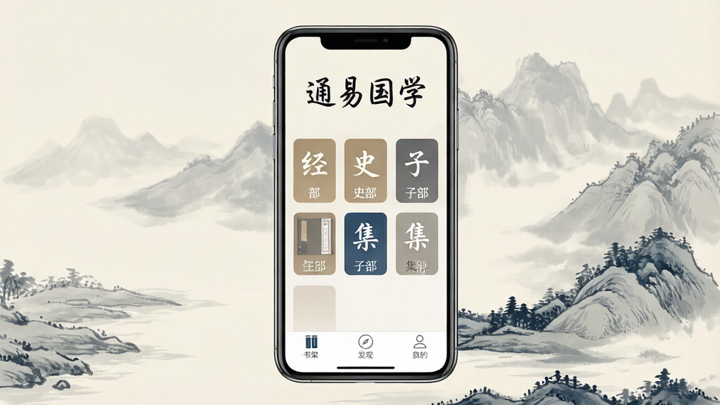 һ��չʾͨ�׹�ѧApp����ȫò��ͼƬ������������һ�������ֻ����ֻ���Ļ����ʾͨ�׹�ѧApp�������棬���涥���С�ͨ�׹�ѧ���ĸ��֣��м������ž�����ʷ�����Ӳ��������ȹ�ѧ�伮������ڣ��ײ�����ܡ����֡��ҵ�����������ǩ�����岼�ּ�������������ǵ��ŵ�ˮīɽˮ���ɫ�����װס�ǳ�ҡ�ī��Ϊ�������ʸɾ����޶���Ԫ��