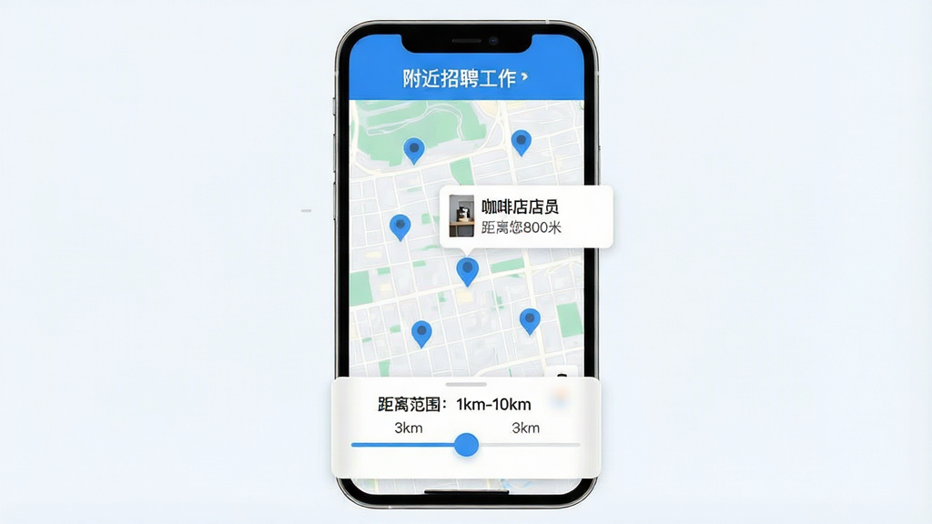 һ��չʾ��������Ƹ������APP��λ���ܵĽ����ͼ���������ֻ���Ļ��ʾ��ͼģʽ����ͼ���ж����ɫԲ�����Ų�ͬ�Ĺ����ص㣬��Ļ�·�����һ������ؼ�����ʾ�����뷶Χ��1km-10km���� slider ����ͣ���ڡ�3km��λ�ã���ͼ�϶�Ӧ�ĸ�λ��Ƭ��������ʾ�����ȵ��Ա ������800�ס����������Ǳ�ƽ����ƣ���ɫ��ˬ������ɫ�Ͱ�ɫΪ�������ʸɾ��޶���Ԫ�ء�