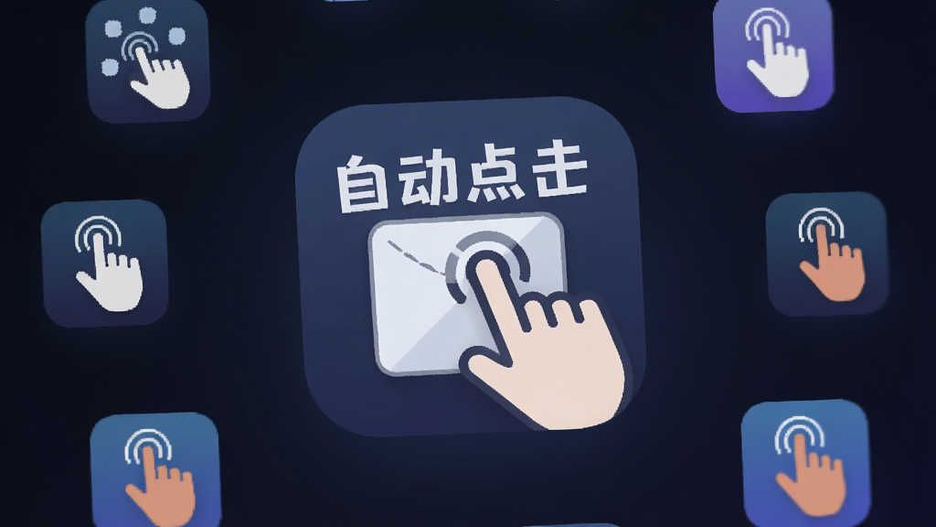 一张手机屏幕特写,画面中央是“自动点击全能王”的软件图标,图标设计简洁带有手指点击屏幕的动效感,背景是深色渐变,周围环绕着连点、滑动、长按等操作的小图标,整体风格现代扁平,画质干净无多余元素