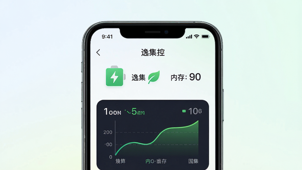 一张展示“逸集控”轻量低耗运行特点的示意图,画面主体是一部手机屏幕显示电池和内存占用极低的仪表盘,背景是干净的浅色渐变,布局居中,风格清新简洁,细节包括绿色节能图标和流畅的曲线图,画质干净,无多余元素