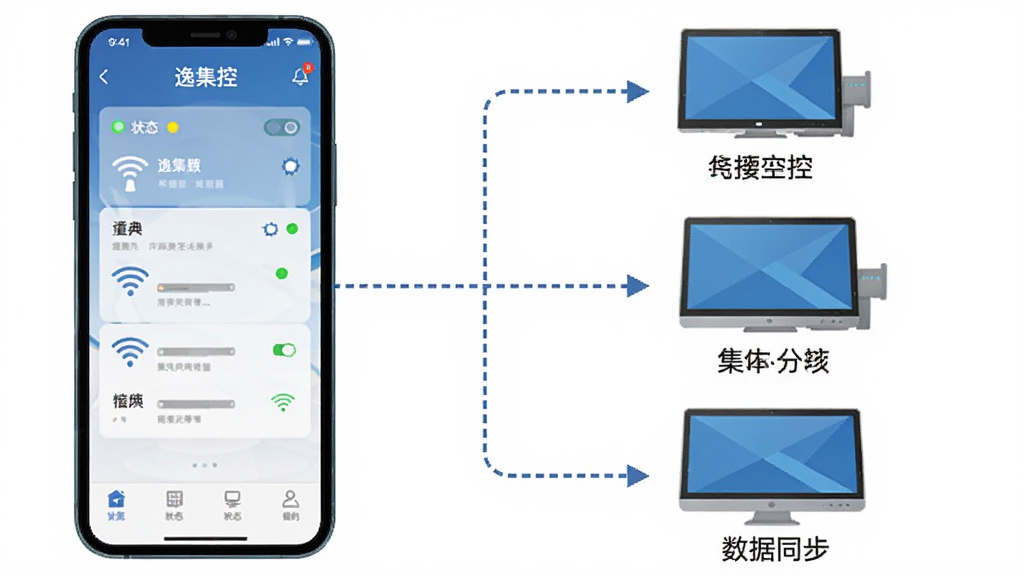 一张展示“逸集控”多设备集中管控功能的示意图,画面左侧是一部手机显示主控界面,右侧是三台不同设备以图标形式排列,中间用虚线箭头连接表示数据同步,主体突出,布局左右分明,风格扁平化设计,细节包括设备名称标签和状态指示灯,画质清晰,无多余元素