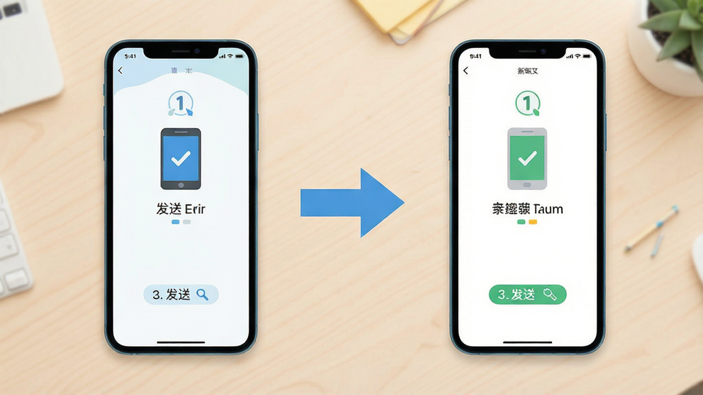 新旧手机互传换机操作步骤示意图,两部手机屏幕分别显示发送和接收界面,中间有箭头连接,背景是简洁的浅色桌面,扁平化图标风格,步骤编号清晰,画质干净,无多余元素