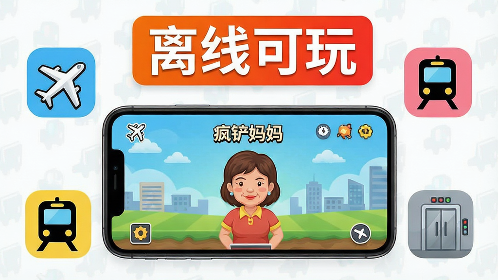 一张展示“疯铲妈妈”游戏离线畅玩场景的图片,画面中一部手机屏幕显示游戏界面,周围环绕着飞机、地铁、电梯等图标元素,手机上方有一个大大的“离线可玩”标签,风格简洁现代,细节清晰,画质干净,无多余元素