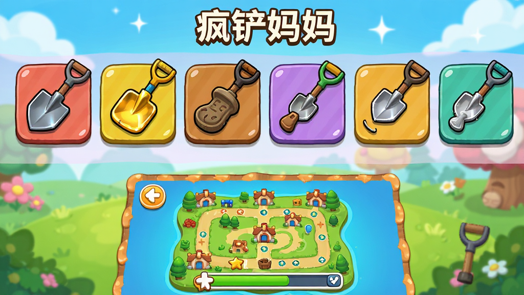 一张展示“疯铲妈妈”游戏内多种铲子皮肤和闯关界面的图片,画面中排列着各式各样的铲子图标,如铁铲、黄金铲、拖鞋铲等,下方是显示关卡进度的地图,背景色彩活泼,风格卡通可爱,细节清晰,画质干净,无多余元素