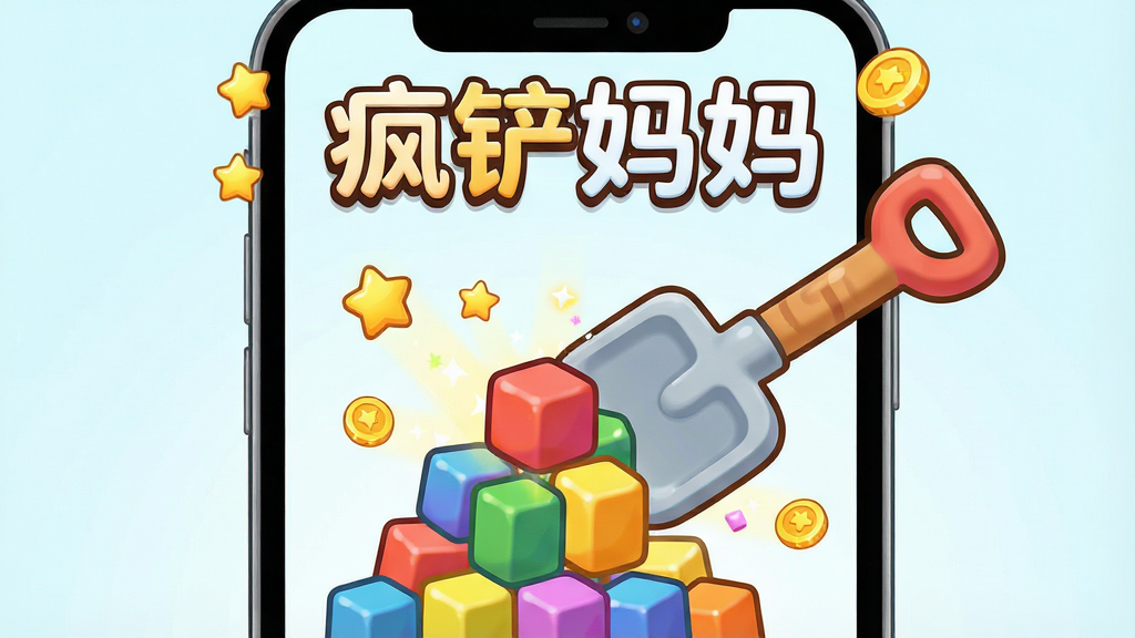 一张展示“疯铲妈妈”游戏核心界面的图片,画面主体是一个卡通风格的铲子正在铲起一堆色彩鲜艳的方块,背景是简洁明亮的手机屏幕布局,屏幕上方显示“疯铲妈妈”四个大字,周围散落着星星和金币特效,风格轻松解压,细节圆润,画质干净清晰,无多余元素