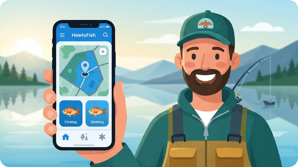 HowtoFish 应用主界面展示,一位笑容满面的钓鱼爱好者手持手机站在湖边,手机屏幕显示简洁的蓝色调应用界面,包含钓点地图标记和鱼类图鉴图标,背景是清晨的湖面和远山,画面明亮清晰,风格现代扁平,细节圆润,画质干净无多余元素