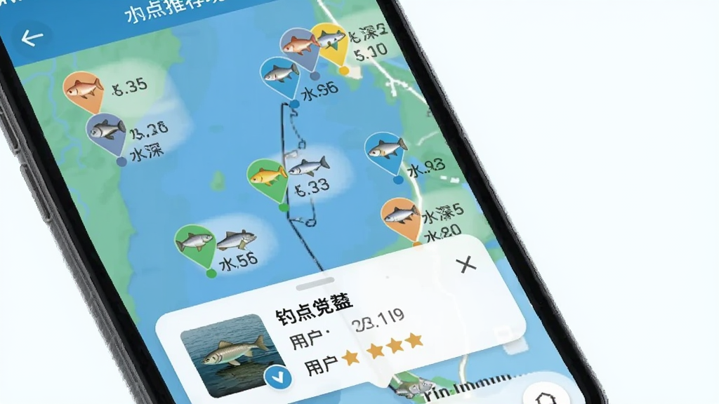HowtoFish 钓点推荐功能界面,手机屏幕显示地图上分布着多个彩色定位图标,每个图标旁标注着鱼种小图标和水深数字,底部弹出卡片展示某钓点的详细信息和用户评价,整体色调以蓝色和绿色为主,风格清新自然,画质干净无多余元素