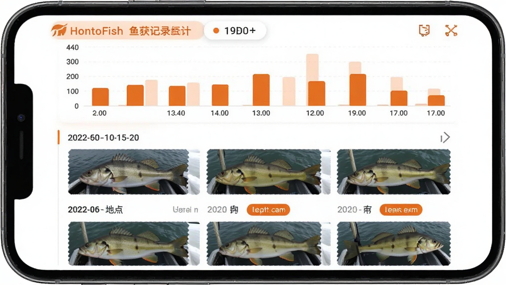HowtoFish 鱼获记录统计界面,手机屏幕显示柱状图展示不同月份的钓获数量,下方是带照片的记录列表,每条记录包含日期、地点和鱼种标签,界面以白色和橙色点缀,风格清爽直观,画质干净无多余元素