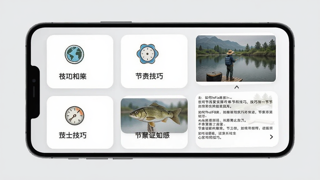 HowtoFish 技巧库页面展示,手机屏幕呈现卡片式列表,每张卡片带有节气图标和简短的技巧标题,用户点击后展开详细图文说明,背景为浅灰色,卡片圆角设计,风格简洁易读,画质干净无多余元素
