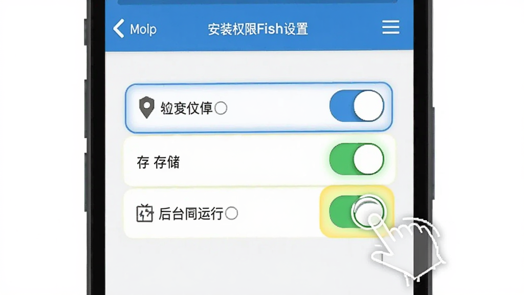 HowtoFish 安装权限设置示意图,手机屏幕显示应用权限管理页面,定位、存储、后台运行三个权限开关被高亮标注,旁边有手指点击的动画效果,背景简洁,风格清晰明了,画质干净无多余元素
