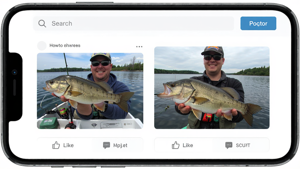HowtoFish 社区交流界面,手机屏幕显示帖子列表,帖子配图是钓友手持鱼获的照片,下方有点赞和评论按钮,顶部有搜索栏和发布按钮,整体布局清晰,风格现代扁平,画质干净无多余元素