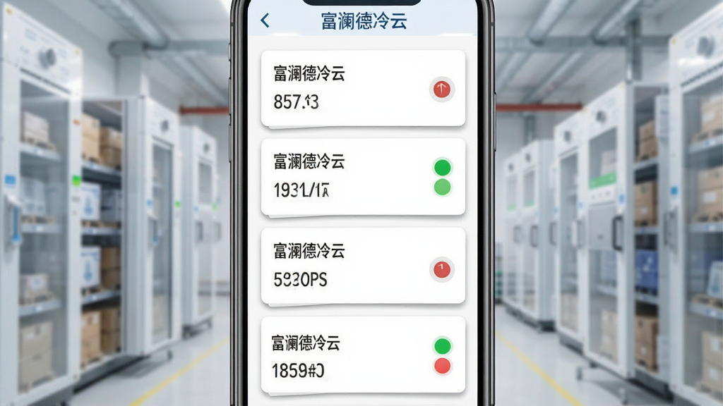 一张展示富澜德冷云多冷库集中管理功能的图片,主体为手机屏幕显示多个冷库卡片列表,每个卡片上有冷库名称、温度数值和状态指示灯,布局为纵向排列的卡片式设计,风格为简洁商务风,细节上卡片有轻微的阴影效果,状态指示灯有绿色和红色区分,画质干净清晰,无多余元素,图片中文字标注为