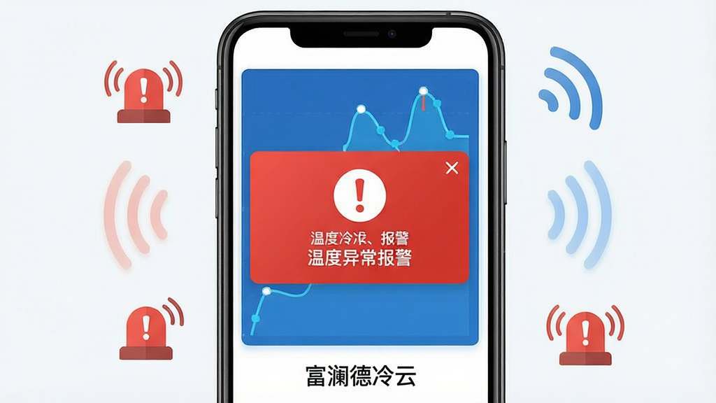 一张展示富澜德冷云实时监控与智能报警功能的图片,主体为手机屏幕特写,屏幕上显示一条红色的温度异常报警弹窗,背景是蓝色的温度曲线图,下方有