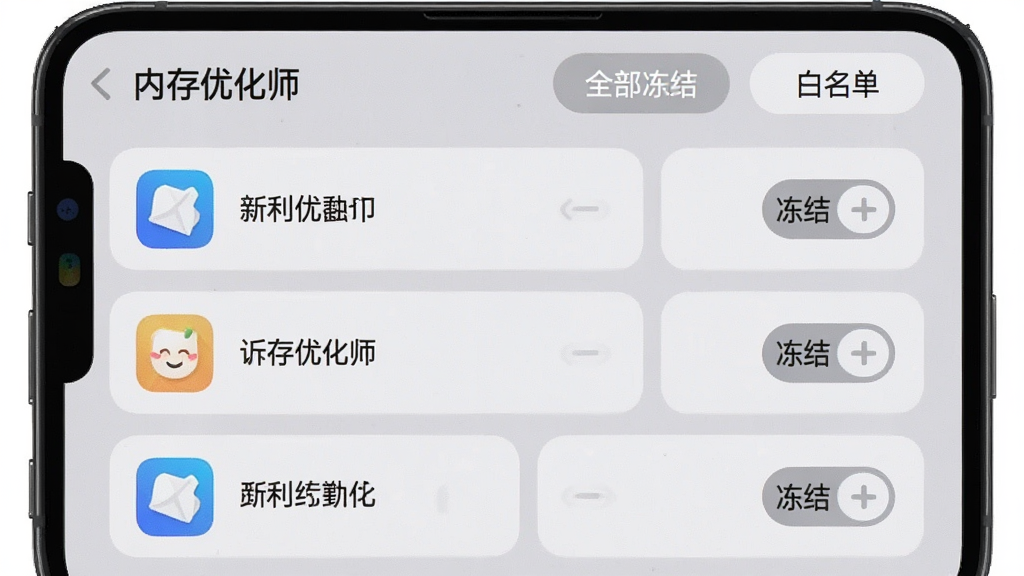 手机屏幕显示“内存优化师”后台管理界面,列表展示正在运行的应用图标和名称,每个应用右侧有“冻结”开关按钮,顶部有“全部冻结”和“白名单”选项,界面以浅灰色为底,卡片圆润,文字清晰,画质干净,无多余元素