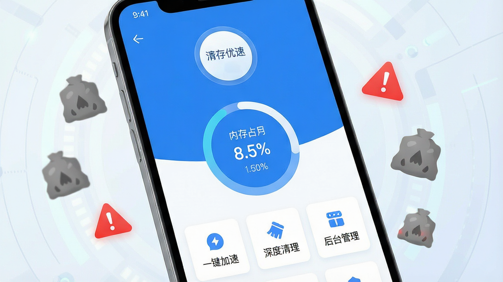 一张手机屏幕特写,屏幕中央显示“内存优化师”App主界面,界面以蓝白配色为主,顶部有圆形清理加速按钮,中间显示内存占用百分比环形图,下方列出“一键加速”“深度清理”“后台管理”三个功能卡片,手机周围环绕着漂浮的灰色垃圾图标和红色内存占用警示符号,背景是简洁的科技感浅色渐变,画面干净明亮,画质清晰,无多余元素
