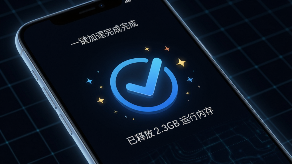 手机屏幕显示“内存优化师”一键加速完成界面,屏幕中央有一个巨大的蓝色对勾图标,下方文字显示“已释放 2.3GB 运行内存”,周围有细小的星星闪烁特效,背景是深色科技感网格,手机边缘有光晕,画面干净,画质清晰,无多余元素
