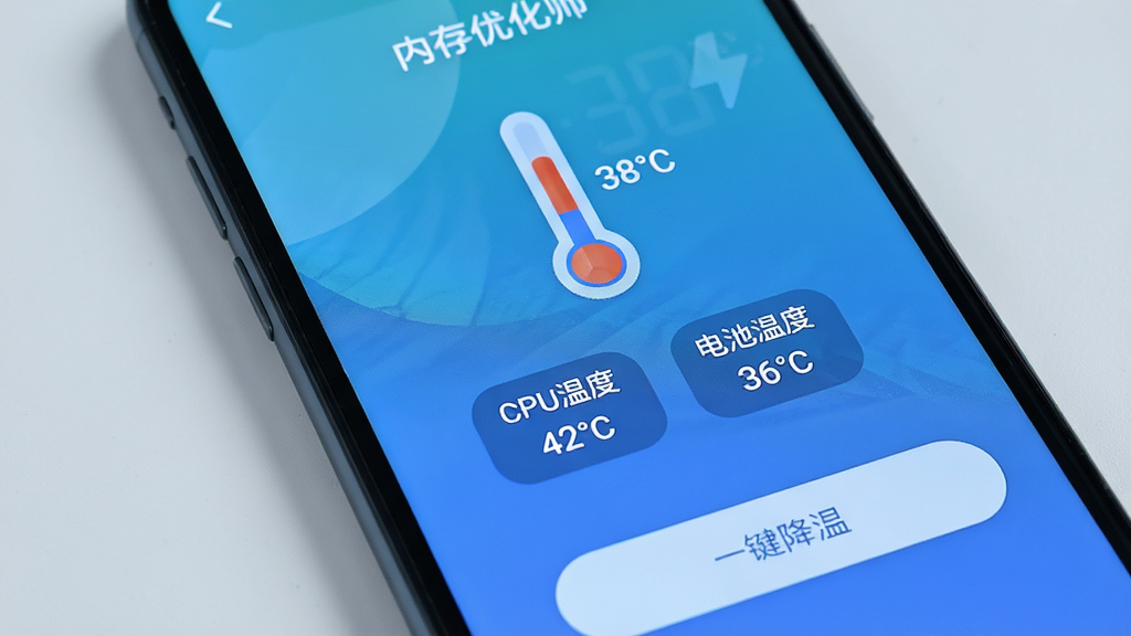 手机屏幕显示“内存优化师”温度监测界面,中央有一个温度计图标显示“38°C”,下方有“CPU温度 42°C”“电池温度 36°C”的标签,底部有一个“一键降温”按钮,背景是冷色调的蓝色渐变,界面简洁,画质清晰,无多余元素