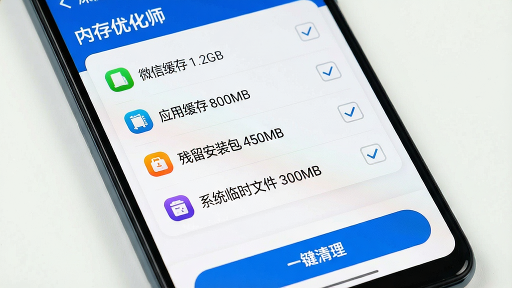 手机屏幕显示“内存优化师”深度清理界面,列表分类展示“微信缓存 1.2GB”“应用缓存 800MB”“残留安装包 450MB”“系统临时文件 300MB”,每个分类前有彩色图标,右侧有勾选框,底部有“一键清理”蓝色按钮,背景是干净的白色卡片式布局,画质清晰,无多余元素