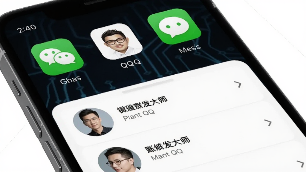 一键群发大师 多平台账号聚合管理界面 手机屏幕 微信 QQ 短信 图标 并列显示 账号头像 列表 清晰 科技感 画质干净