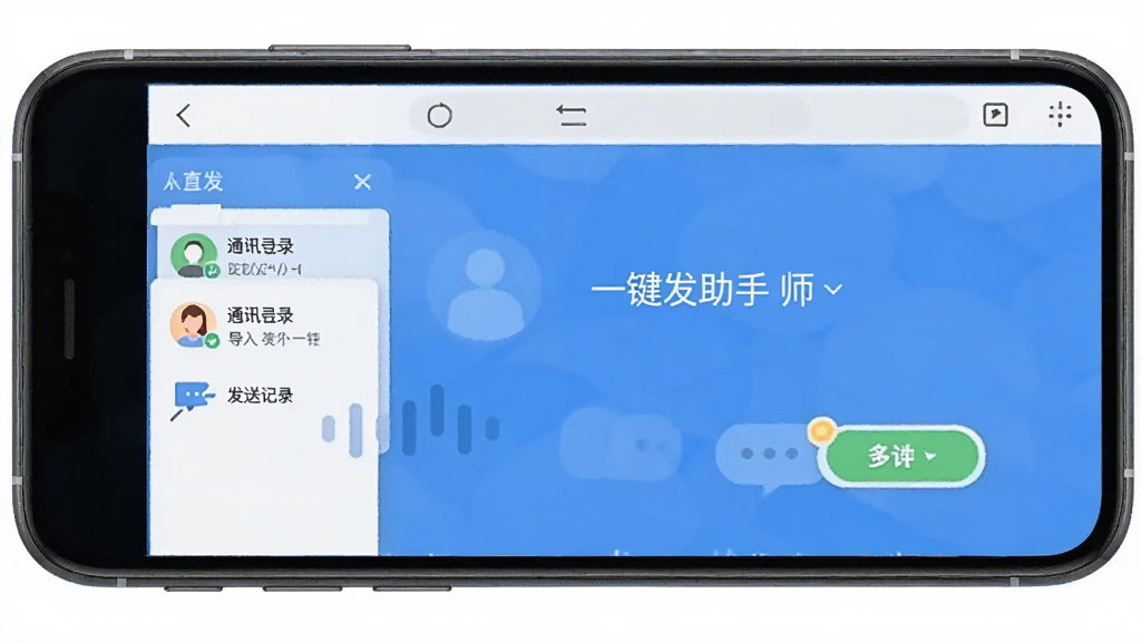 一键群发大师 软件主界面 布局 展示 群发助手 通讯录 导入 发送记录 简洁 扁平化 风格 蓝色调 手机屏幕 画质干净 无多余元素