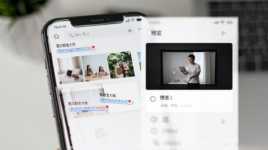 一键群发大师 图文链接导入编辑界面 手机屏幕 文本框 图片缩略图 链接卡片 预览 布局整齐 风格简约 画质清晰