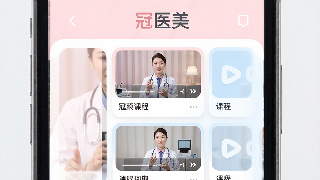 手机屏幕竖版展示,居中放置一个医美学习类App界面,界面顶部有“冠医美”文字标识,页面主体为视频课程卡片列表,卡片上有医生讲解缩略图和课程标题,整体配色以柔和的粉白和浅蓝为主,背景干净,风格现代简约扁平化,图标圆润,画质清晰无多余元素,高清渲染
