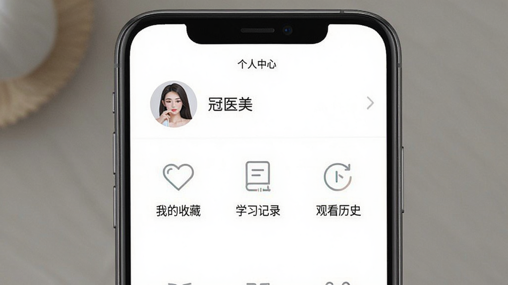 手机界面截图风格,展示“冠医美”App的个人中心页面,页面上方是用户头像和昵称区域,中间有“我的收藏”“学习记录”“观看历史”等功能入口,图标为线性简约风格,背景为纯白色,整体排版整齐,配色淡雅,画质干净,无多余元素