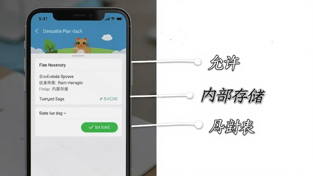 合合招财猫新手设置界面截图,画面展示手机屏幕上的权限设置和存储选择选项,旁边有“允许”“内部存储”等文字标注,风格简洁清晰,画质干净无多余元素