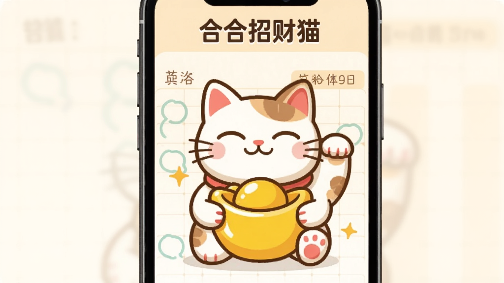 合合招财猫手机应用主界面展示,画面中央是一只可爱的卡通招财猫抱着金元宝,背景是简洁的浅色记账本页面,上方有“合合招财猫”文字标题,布局清晰,风格温馨卡通,画质干净无多余元素