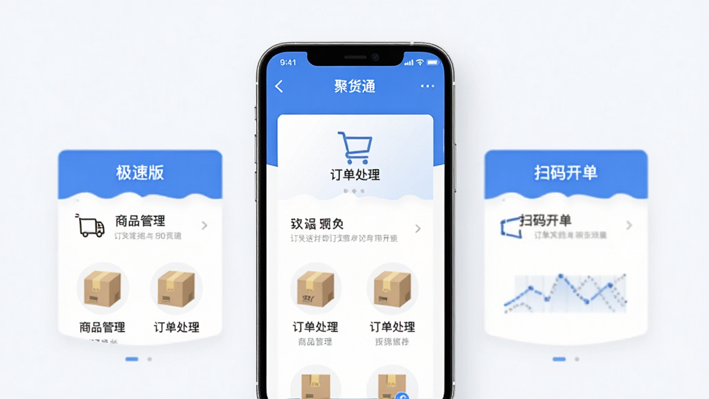 聚货通极速版 手机应用主界面 展示商品管理、订单处理、扫码开单功能模块 蓝白配色 简洁扁平化风格 画面干净 高质量UI设计图