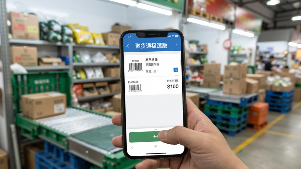 聚货通极速版 扫码开单功能展示 手机对准商品条码 屏幕弹出商品信息和价格 背景是批发市场档口 明亮写实风格 细节清晰 干净无杂物