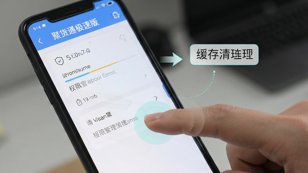 聚货通极速版 手机设置界面 展示权限管理和缓存清理选项 手指点击屏幕 操作指引风格 画面简洁 重点突出 清晰画质