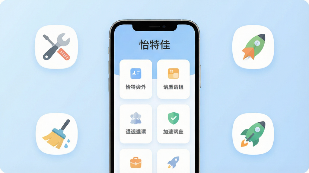一张展示“怡特佳”手机应用主界面的图片。画面中央是一部竖屏手机,屏幕显示简洁的卡片式功能布局,顶部有“怡特佳”文字标识。背景是柔和的浅蓝色渐变,周围散落几个代表工具、清理、加速的扁平图标。整体风格现代简约,细节圆润,画质干净,无多余元素。