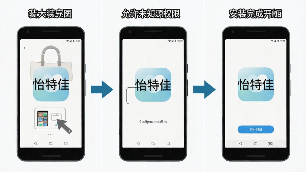 一张展示在安卓手机上安装“怡特佳”应用步骤的示意图。画面分为三个小格,从左到右依次是:点击安装包、允许未知来源权限、安装完成打开应用。每个小格都有手机边框和清晰的箭头指示,屏幕内显示“怡特佳”文字标识。风格简洁明了,画质干净。