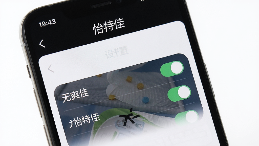 一张展示“怡特佳”应用无广告清爽界面的图片。画面中手机屏幕显示应用设置页,页面干净只有几个开关选项和“怡特佳”文字标识。背景是纯白色,光线柔和,风格极简,画质干净无多余元素。