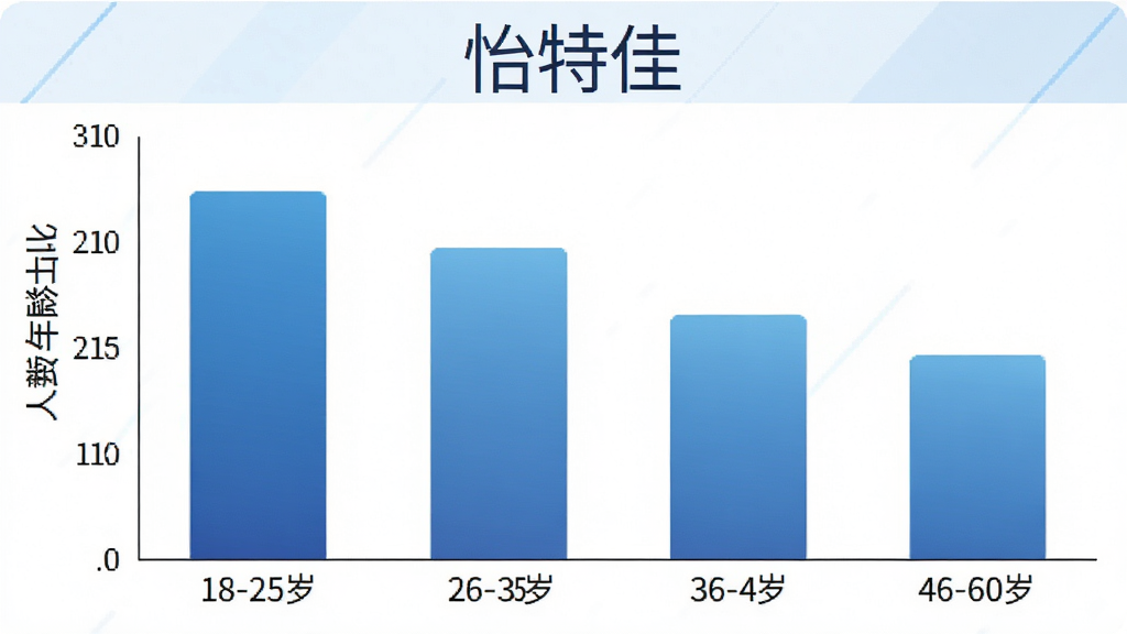 一张展示“怡特佳”用户年龄分布的柱状图。横轴为年龄段:18-25岁、26-35岁、36-45岁、46-60岁,纵轴为人数占比。柱状图颜色为蓝色渐变,图表上方有“怡特佳”文字标识。风格简洁商务,画质清晰,无多余元素。