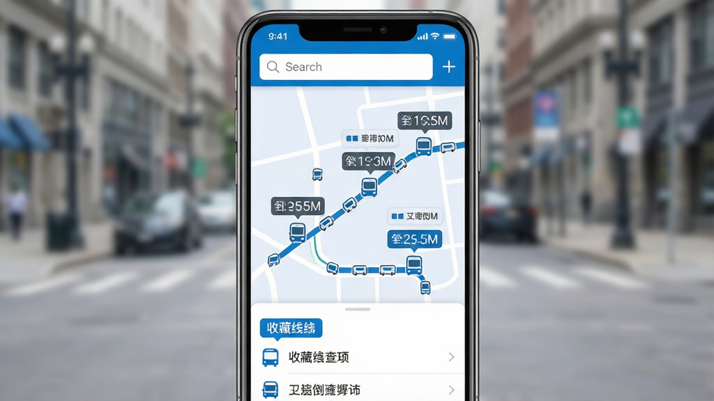 一张手机屏幕展示公交查询应用的界面截图,画面中央是城市公交线路图,多个公交车辆图标沿线路移动,每个车辆上方标注着到站倒计时和距离,屏幕顶部显示搜索框,底部是收藏线路列表,整体风格简洁现代,蓝白配色为主,背景是模糊的城市街道,画面干净明亮,无多余元素,高清画质