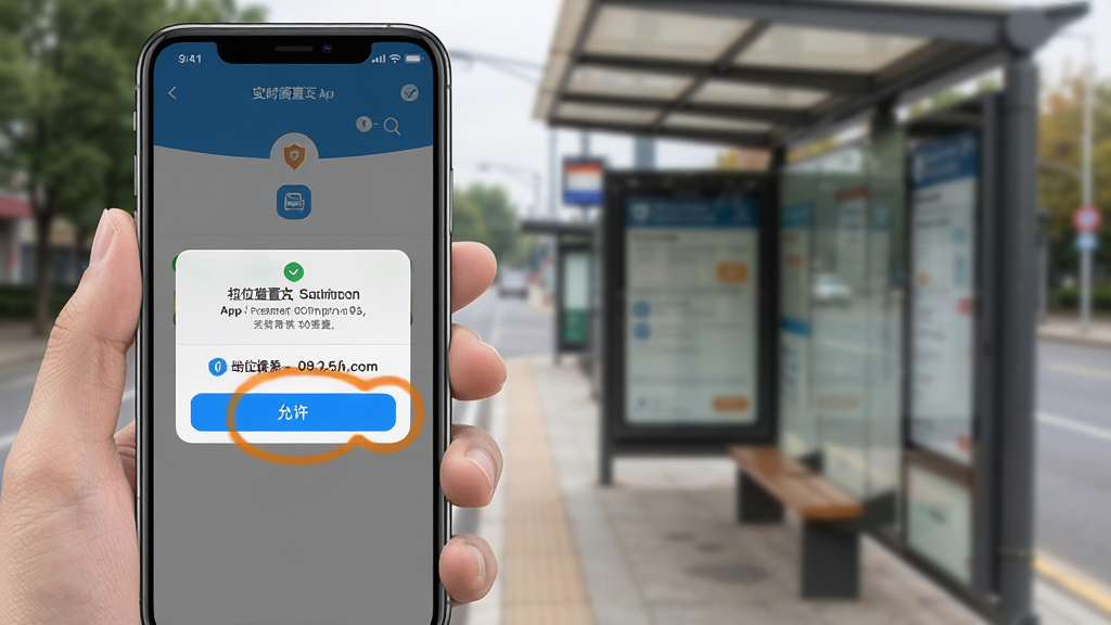 一张手机操作示意图,展示定位实时查公交App的权限设置引导页面,画面中一只手拿着手机,屏幕上显示定位权限弹窗和“允许”按钮被高亮标注,背景是模糊的公交站台场景,画面风格写实,文字清晰,重点突出,画质干净,无多余元素