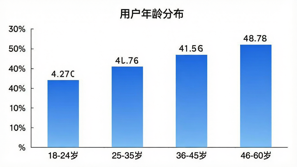 一张柱状图,展示定位实时查公交App的用户年龄分布,横轴为年龄段“18-24岁”“25-35岁”“36-45岁”“46-60岁”,纵轴为用户占比百分比,柱子颜色为蓝色渐变,图表标题为“用户年龄分布”,数据标签清晰显示在柱子上方,背景为白色,风格简洁专业,画质干净,无多余元素