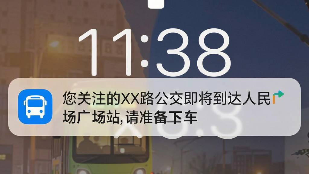 一张手机通知栏截图,展示定位实时查公交App推送的到站提醒通知,通知内容为“您关注的XX路公交即将到达人民广场站,请准备下车”,通知图标是一个蓝色公交车标志,背景是手机锁屏界面,时间显示为傍晚,整体画面干净,文字清晰,风格简洁,无多余元素