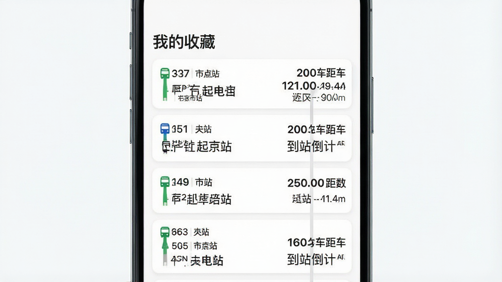 一张手机屏幕截图,展示定位实时查公交App的收藏线路管理页面,画面中纵向排列着四条公交线路卡片,每条卡片左侧是线路编号和起终点站名,右侧显示最近一班车的到站倒计时和距离站数,卡片按照到站时间从近到远排序,顶部有“我的收藏”标题,背景为白色,文字清晰,风格现代扁平,画质干净无多余元素