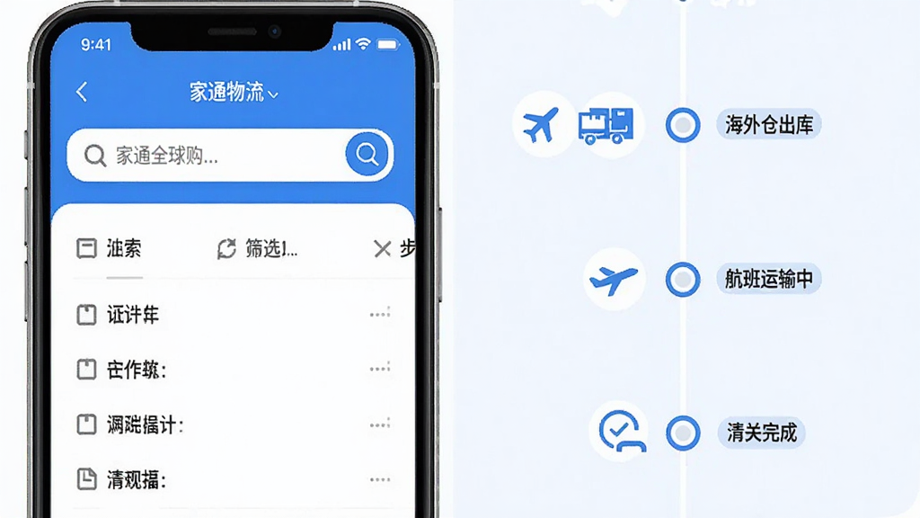 家通全球购应用内商品搜索与物流追踪功能展示图,画面左侧是搜索框和筛选条件,右侧是物流轨迹时间轴,包含“海外仓出库”“航班运输中”“清关完成”等节点,手机界面以蓝白配色为主,图标简洁,画质清晰干净,无多余元素。