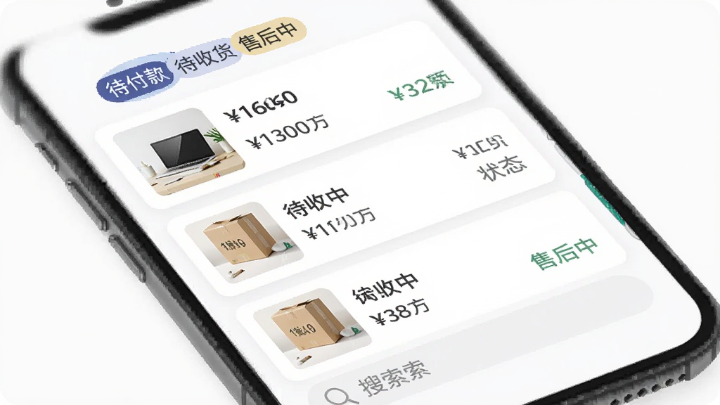 家通全球购订单管理界面示意图,画面展示手机屏幕中的订单列表,包含“待付款”“待收货”“售后中”标签,每个订单卡片显示商品缩略图、金额和状态,底部有搜索框,整体排版整齐,风格扁平化,画质干净无多余元素。