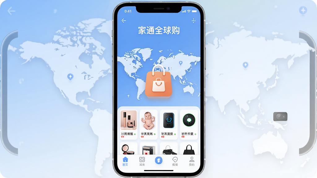 一张展示“家通全球购”应用核心界面的图片,画面中央是手机屏幕,屏幕内显示全球地图和购物袋图标组合,商品卡片以网格形式排列,包含美妆、母婴、数码等品类缩略图,底部导航栏清晰可见,背景是柔和的蓝白渐变,整体风格现代简洁,细节圆润,画质干净无多余元素。