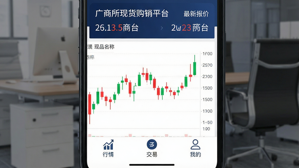 一张手机屏幕展示广商所现货购销平台的主界面,界面以深蓝色和白色为主色调,顶部显示现货商品名称和最新报价数字,中间是红绿相间的K线走势图,下方排列着“行情”“交易”“我的”三个底部导航按钮,图标简洁清晰,整体布局规整,风格现代商务,画质干净,无多余元素。